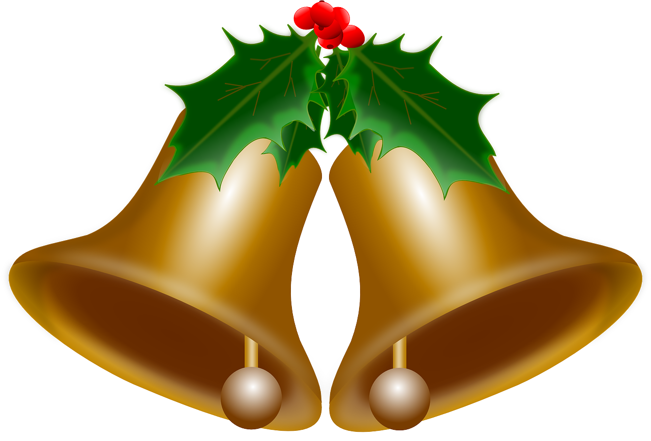 two golden bells with holly leaves and red berries, pixabay, clip-art, elf ears, 2 0 1 0 photo, choir