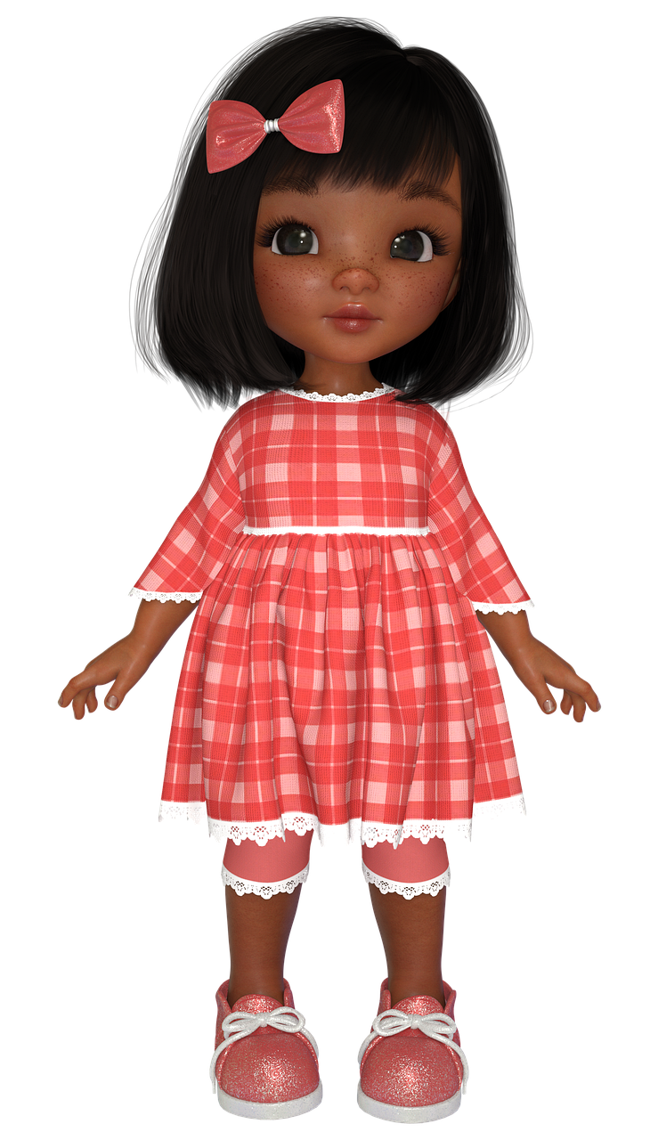 a close up of a doll on a black background, a 3D render, super cute funky black girl, wearing a red plaid dress, fullbody photo, adorable digital painting