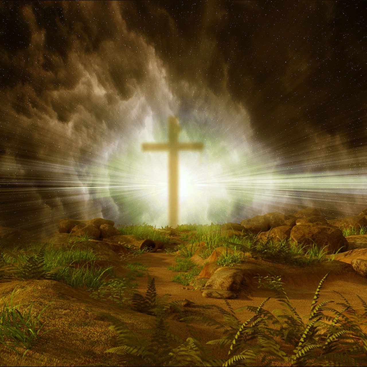 a cross sitting on top of a lush green field, a digital rendering, by Aleksander Gierymski, shutterstock, conceptual art, dramatic lights spiritual scene, dark desert background, high quality fantasy stock photo, the eye of god