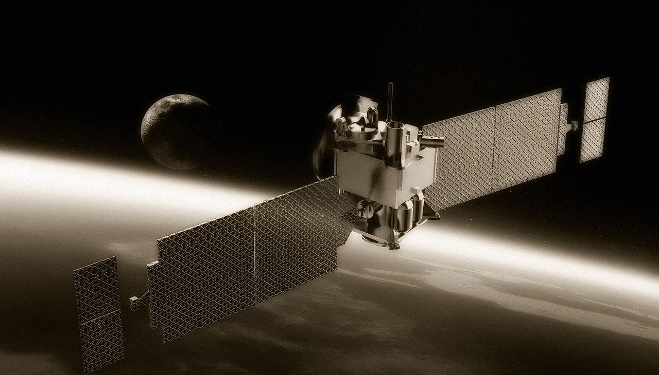 a black and white photo of a satellite with a moon in the background, a digital rendering, by Kurt Roesch, flickr, sepia toned, dawn atmosphere, darpa, lotus