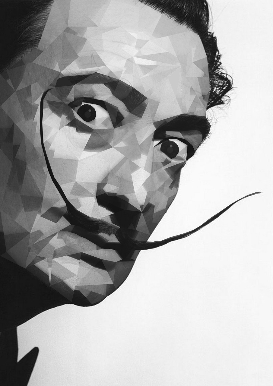 a black and white photo of a man with a mustache, inspired by Salvador Dali, tumblr, cubism, polygonal art, alena aemani digital art, woman, mime