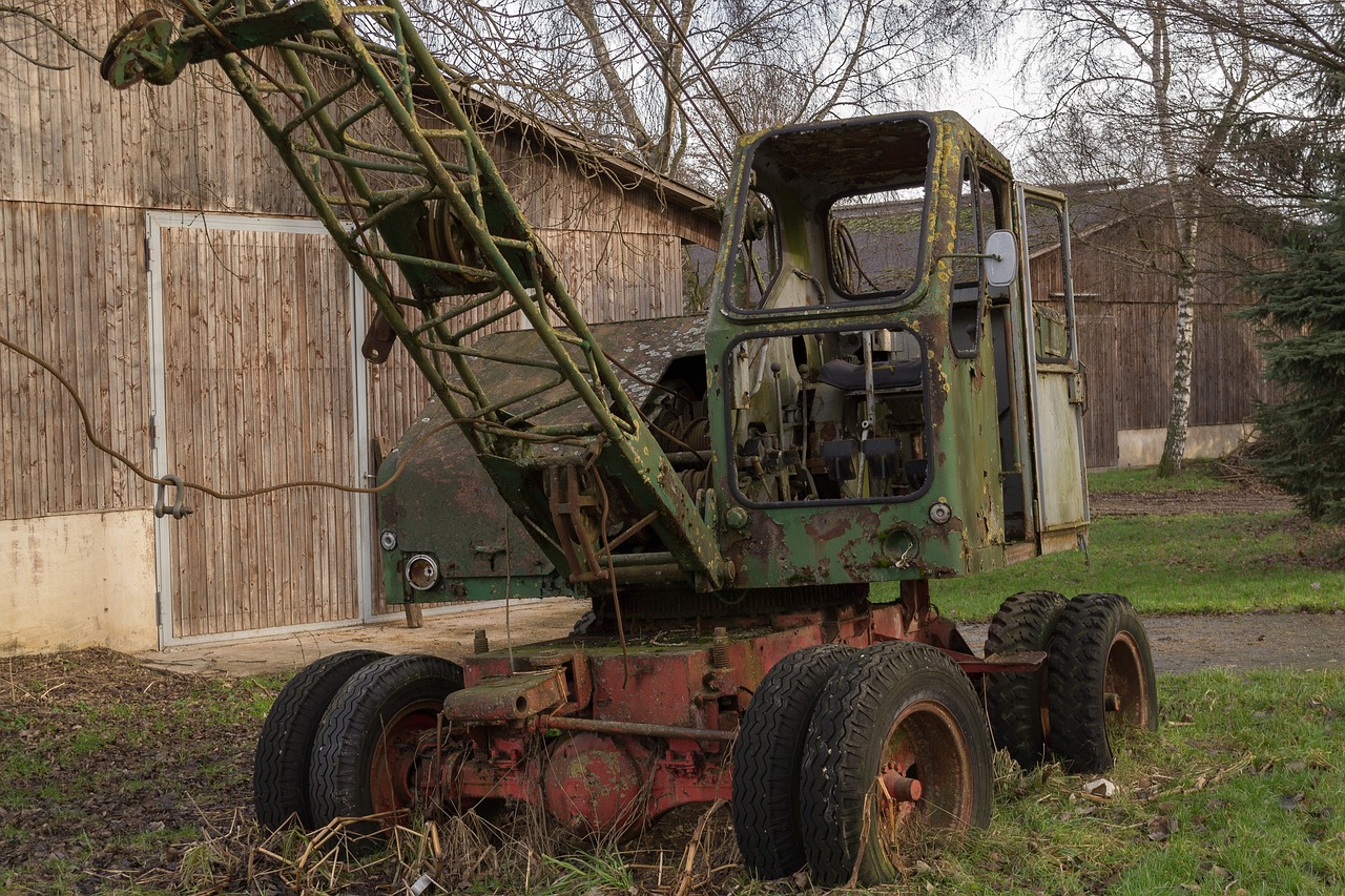 a large green crane sitting on top of a grass covered field, a portrait, flickr, abandoned vehicles, forgotten and lost in the forest, 2 4 mm iso 8 0 0, closeup photo