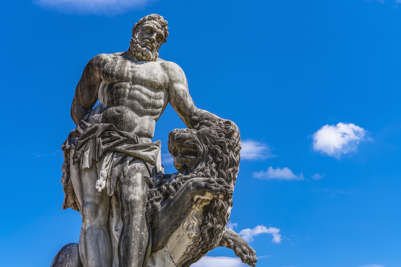 a statue of a man with a lion in front of a blue sky, inspired by Hercules Seghers, market in ancient rome, male centaur centaur chimera, palace of versailles, 1 5 9 5