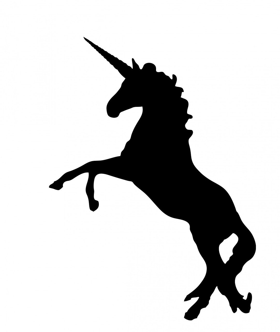 a silhouette of a unicorn standing on its hind legs, trending on pixabay, fine art, istockphoto, unicorn horn, black stencil, a wooden