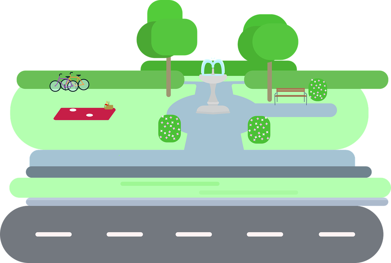 an image of a park with benches and trees, a digital rendering, inspired by Cherryl Fountain, naive art, on a flat color black background, game footage, intersection, sewer