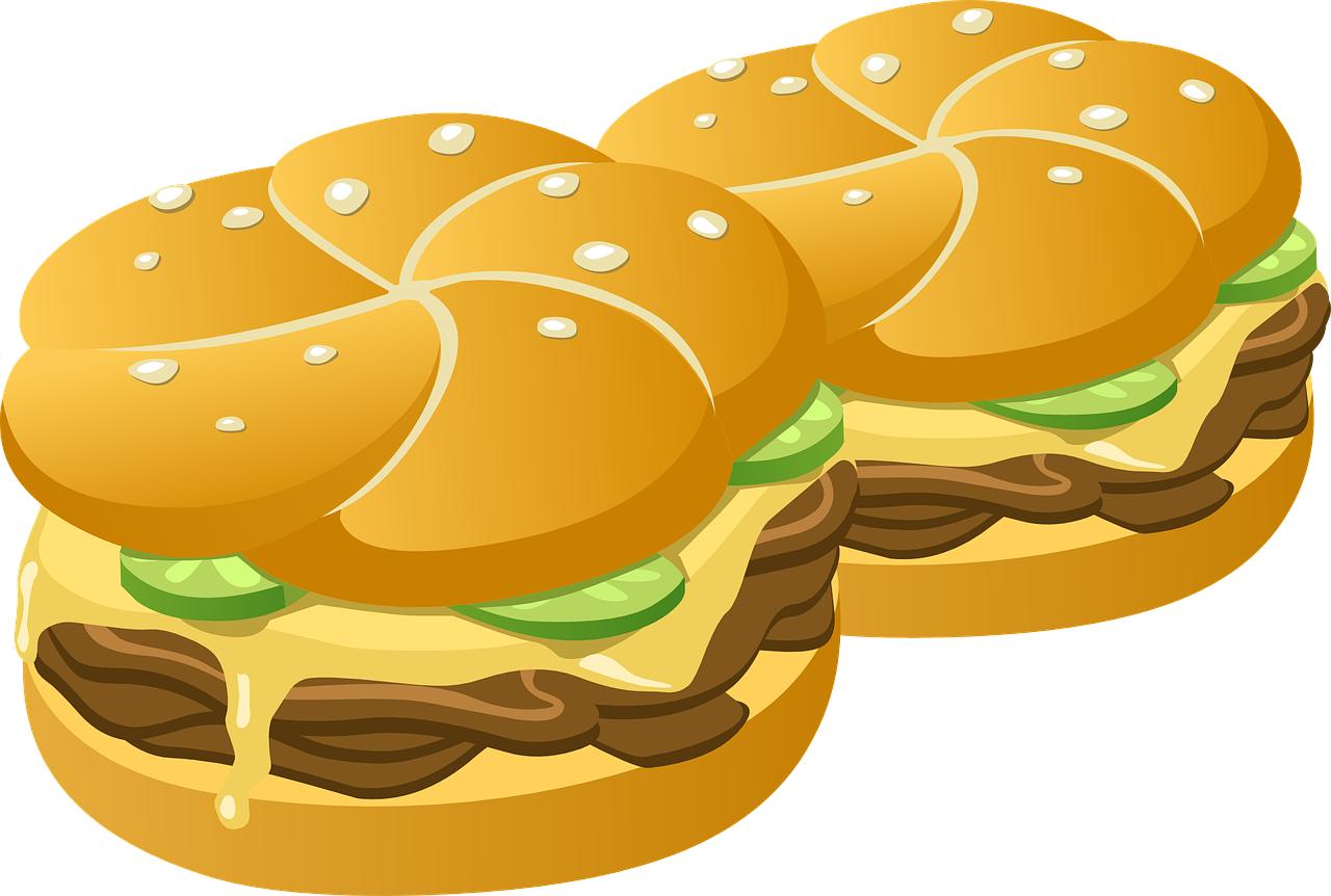 two hamburgers with cheese and lettuce on them, pixabay, pop art, crispy buns, detailed zoom photo, wikihow illustration, cut-away