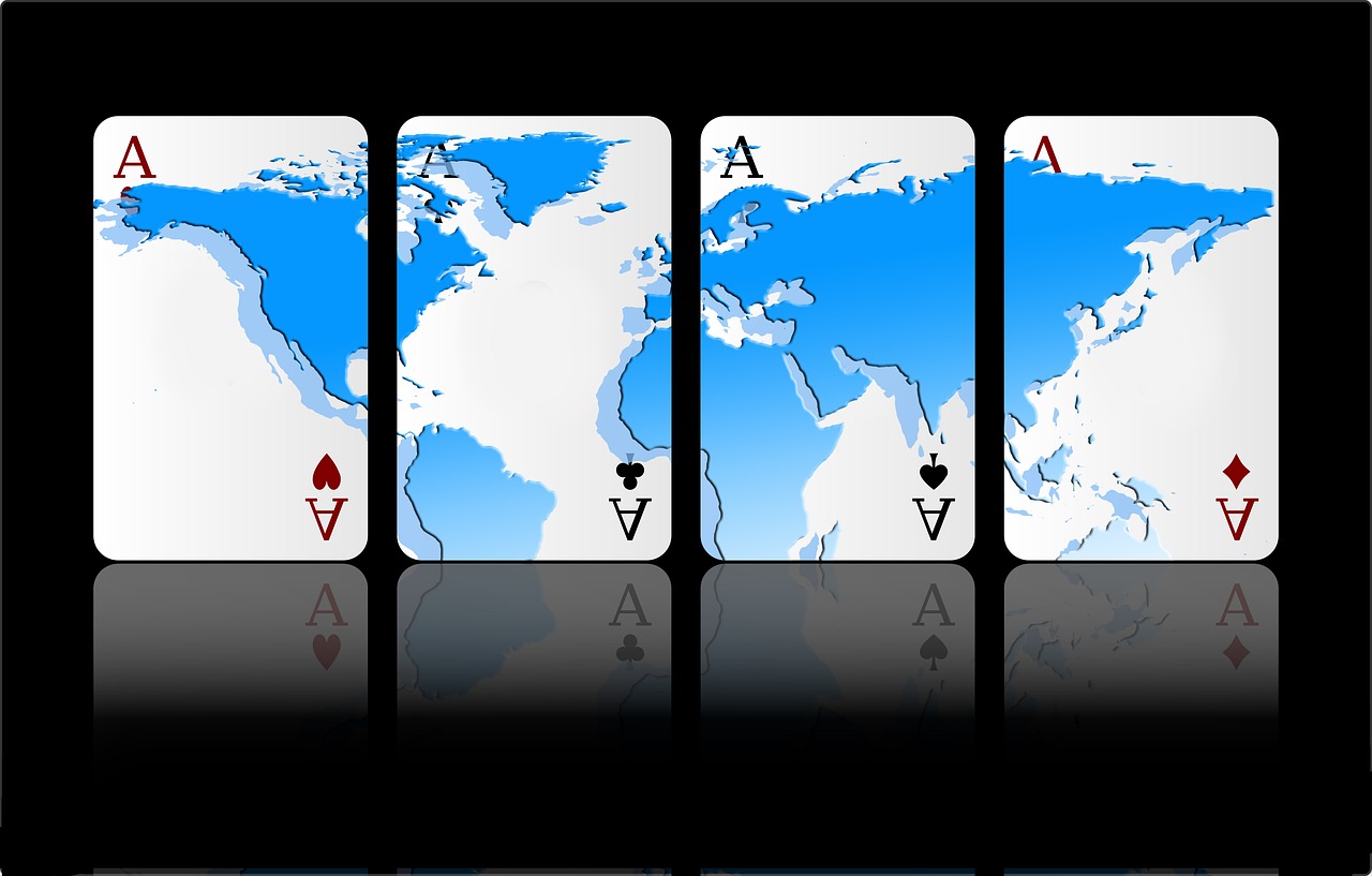 four playing cards with a world map on them, a screenshot, flickr, abstract illusionism, amoled wallpaper, ace card, trident, very detailed picture
