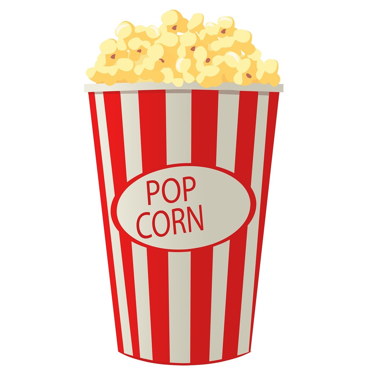 a bucket of popcorn sitting on top of a table, a cartoon, pop art, on the white background, large cornicione, straw, movie posters