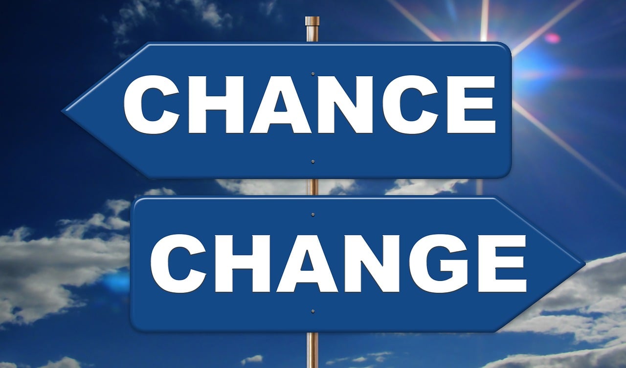 two blue street signs that say change and change, by Jeanna bauck, trending on pixabay, happening, giant road sign armor champion, mechanic, no shading, document photo