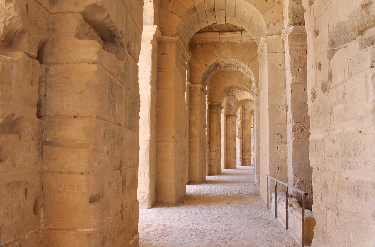 an image of a hallway in a building, by Robert Griffier, flickr, romanesque, ancient ruins under the desert, colonnade, of augean stables, very crisp details