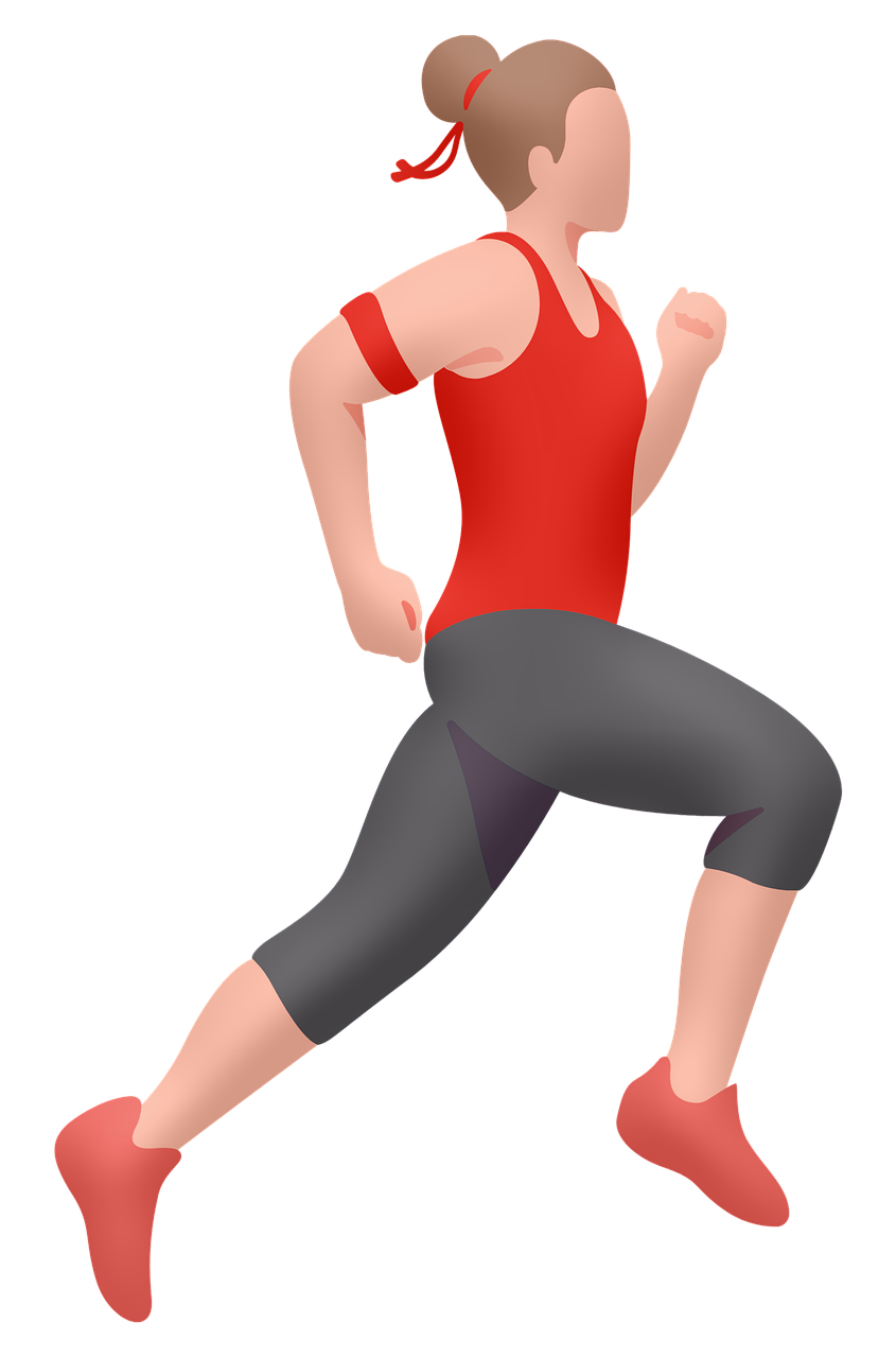 a woman running in a red top and black leggings, a digital rendering, pixabay, figuration libre, -step 50, wikihow illustration, jimin, logo