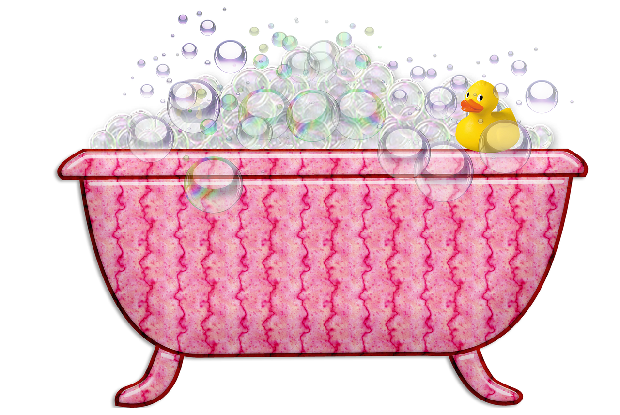 a pink bath tub filled with bubbles and a rubber duck, a digital rendering, pixabay, process art, !!highly detalied, bubble goth, stuffed, screen cap