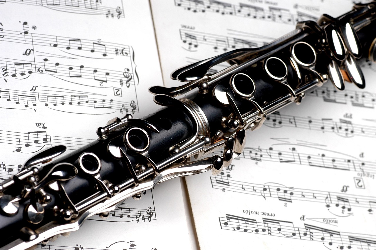 a clarinet sitting on top of a sheet of music, shutterstock, [[fantasy]], black lacquer, wallpapers, singing for you