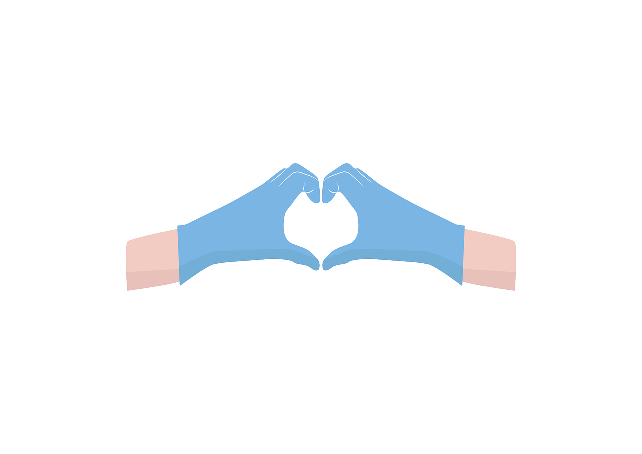 a person making a heart shape with their hands, a cartoon, blue gloves, flat color, lowres, surgical supplies