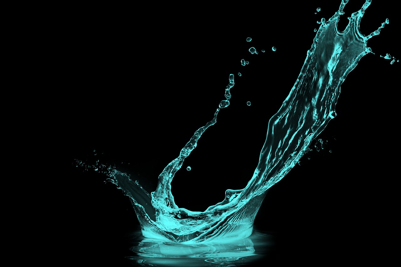 a splash of water on a black background, digital art, by Joseph Severn, shutterstock, digital art, turquoise water, stock photo