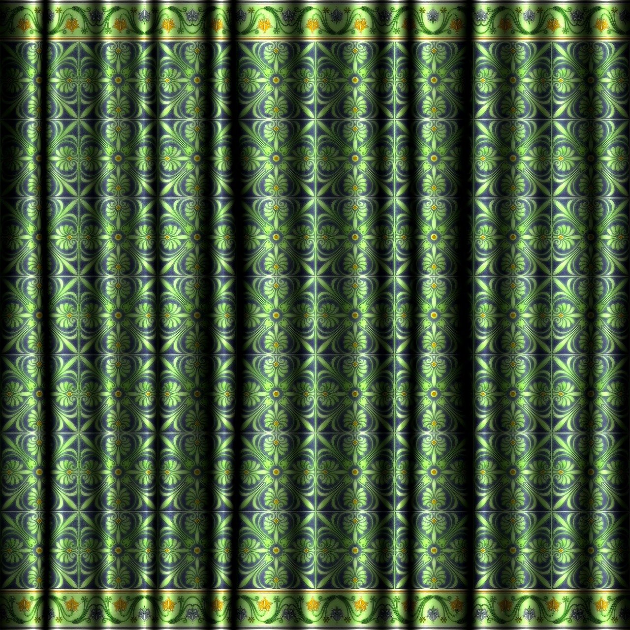 a green curtain with a pattern on it, a digital rendering, inspired by Art Green, deviantart, magic eye, dark blue and green tones, green and yellow colors, camera photo