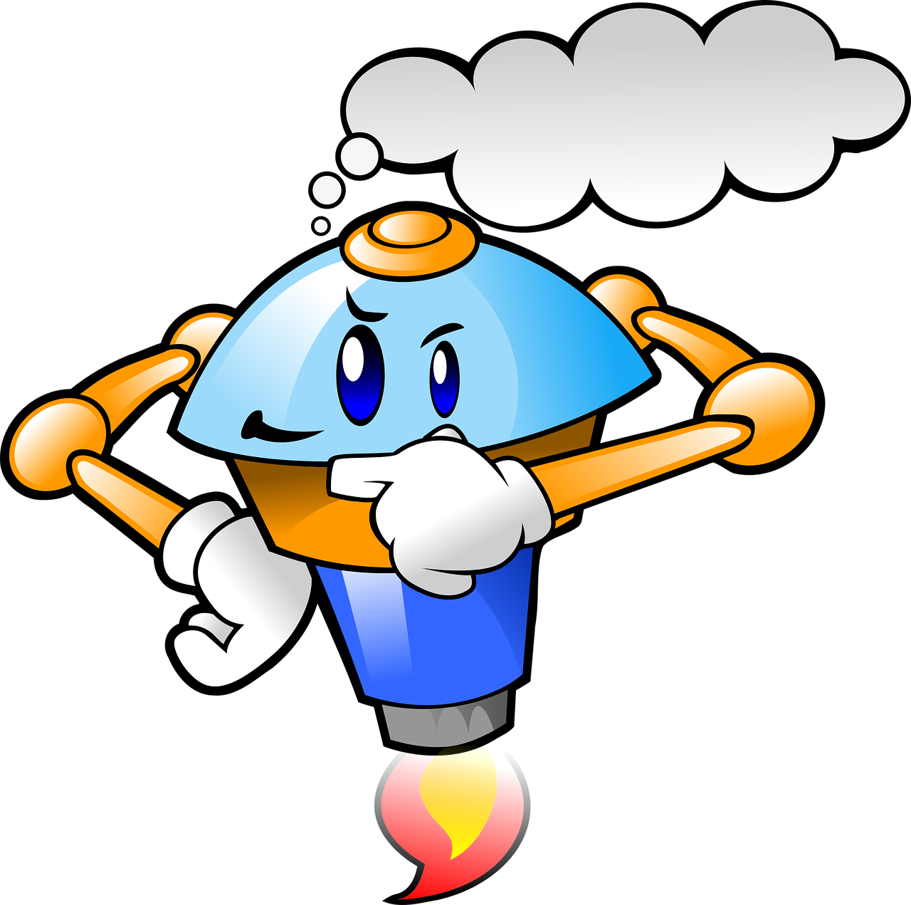 a cartoon character with a thought bubble above his head, a digital rendering, inspired by Irvin Bomb, digital art, carbide lamp, japanese mascot, tiny spaceship, flash photo