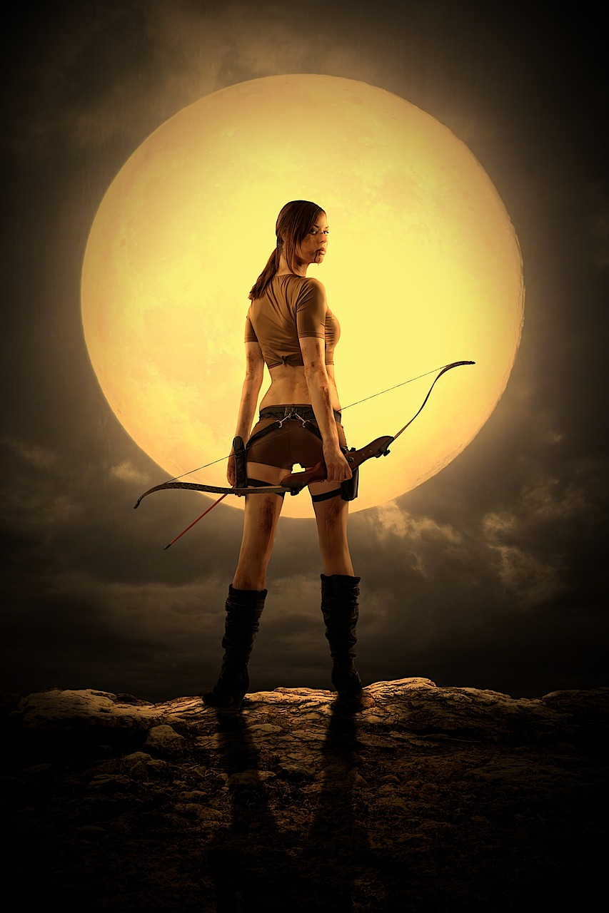 a woman standing on top of a rock holding a bow, a matte painting, yellowish full moon, lara croft relaxing, backlighting, fragile girl holding an arrow