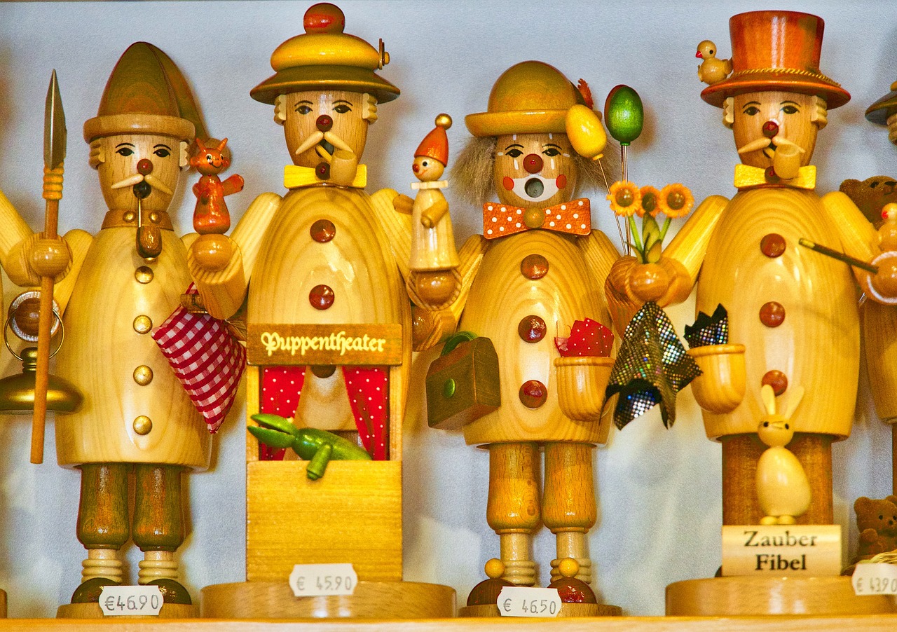a group of wooden figurines sitting on top of a shelf, by Karl Gerstner, flickr, seasonal, dapper, absolutely outstanding image, singing