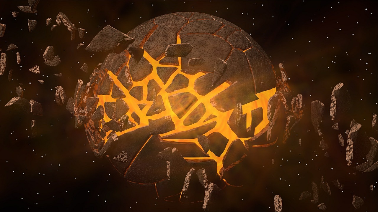 a computer generated image of a planet surrounded by rocks, a low poly render, trending on polycount, cracks of magma, shattered wall, high definition screenshot, cracked brick background