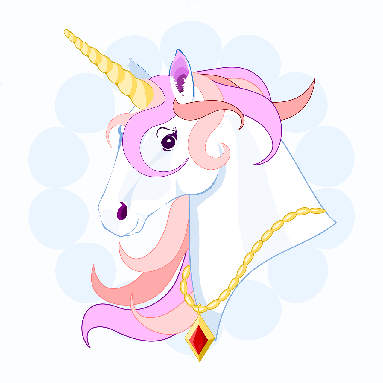 a cartoon unicorn with a gold chain around its neck, an illustration of, rasquache, closeup portrait shot, fairy tale illustration, on simple background, diamond