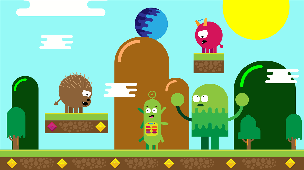 a group of cartoon characters standing next to each other, vector art, dribble, pixel art, on another planet, cute monsters, green hills, photography of kurzgesagt