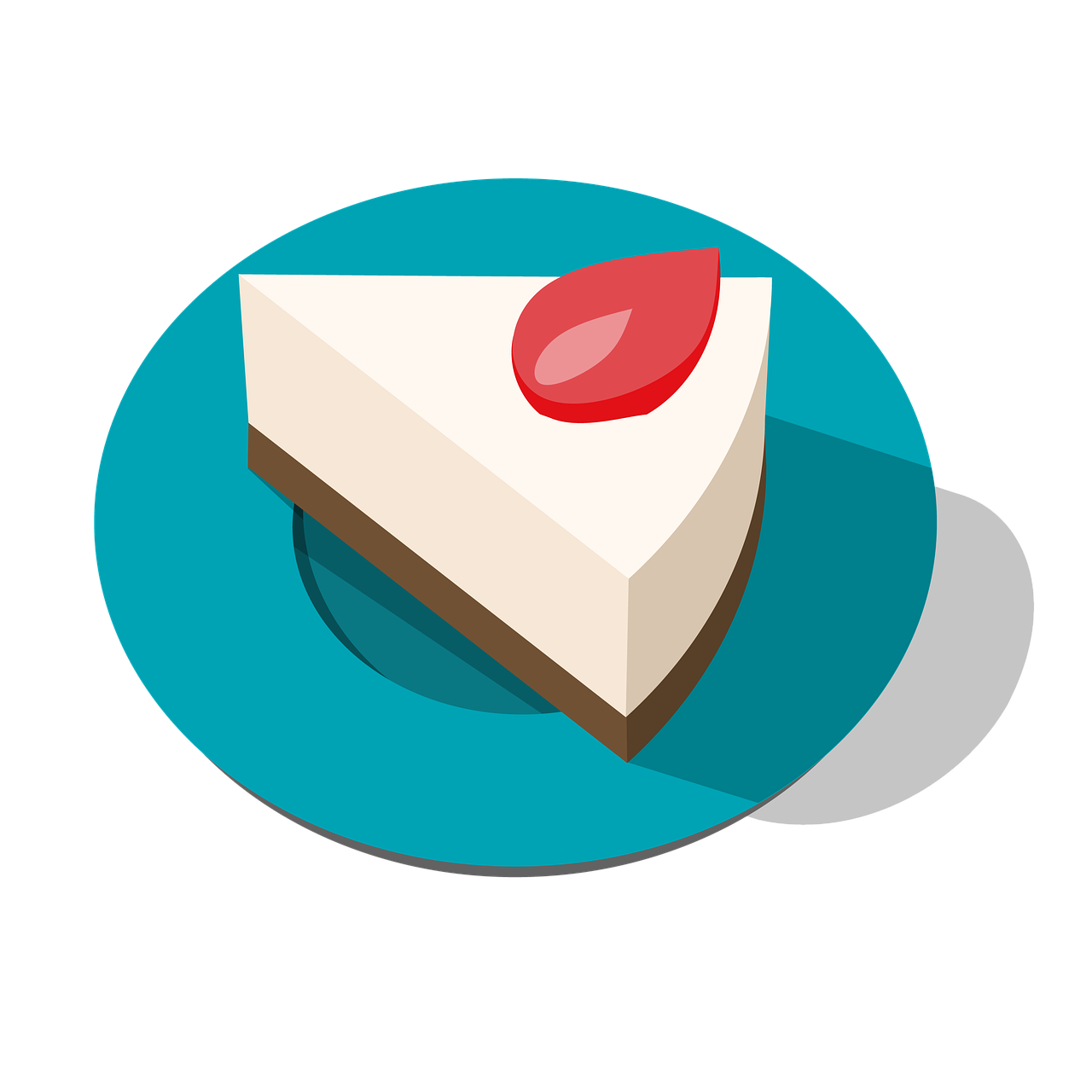 a piece of cake sitting on top of a blue plate, an illustration of, superflat, ultra wide angle isometric view, cherry, on a flat color black background, cream