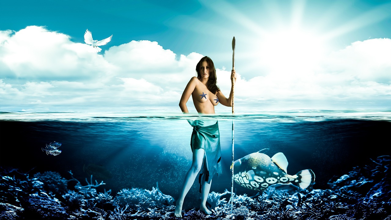 a woman that is standing in the water with a stick, inspired by David LaChapelle, deviantart, fantasy art, on the ocean, beautiful animal pearl queen, screensaver, beautiful sunny day
