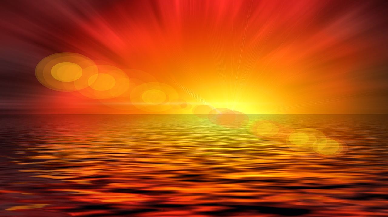 a sunset over a large body of water, inspired by Frederic Church, shutterstock, digital art, red and yellow light, shallow focus background, very beautiful photo, stock photo