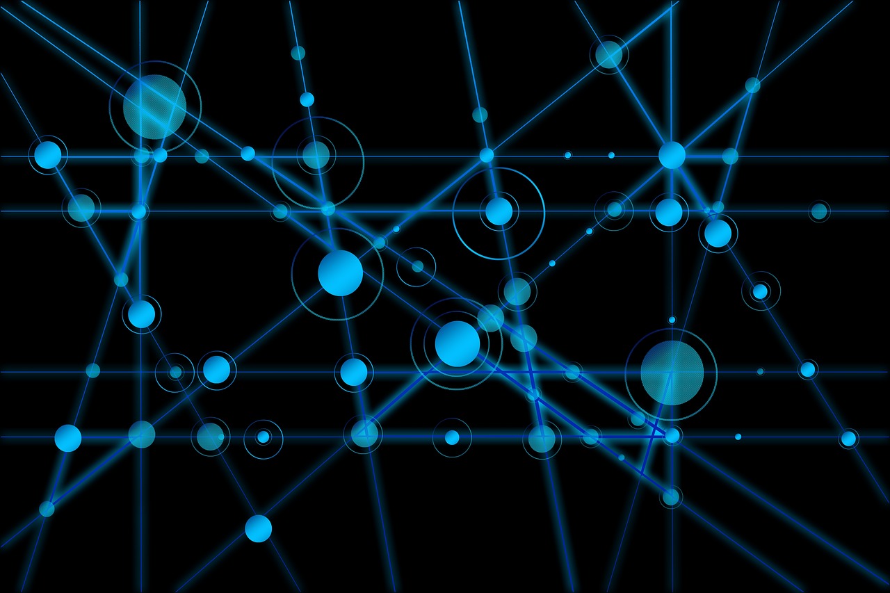 a bunch of blue circles on a black background, by Julian Allen, digital art, connecting lines, immersed within a network, angular background elements, star
