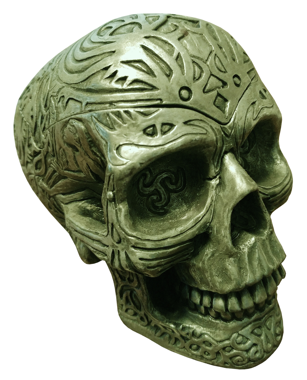 a close up of a statue of a skull, inspired by János Saxon-Szász, zbrush central contest winner, new sculpture, intricate engraving, celtic norse frankish, singularity sculpted �ー etsy, there is a skull over a table