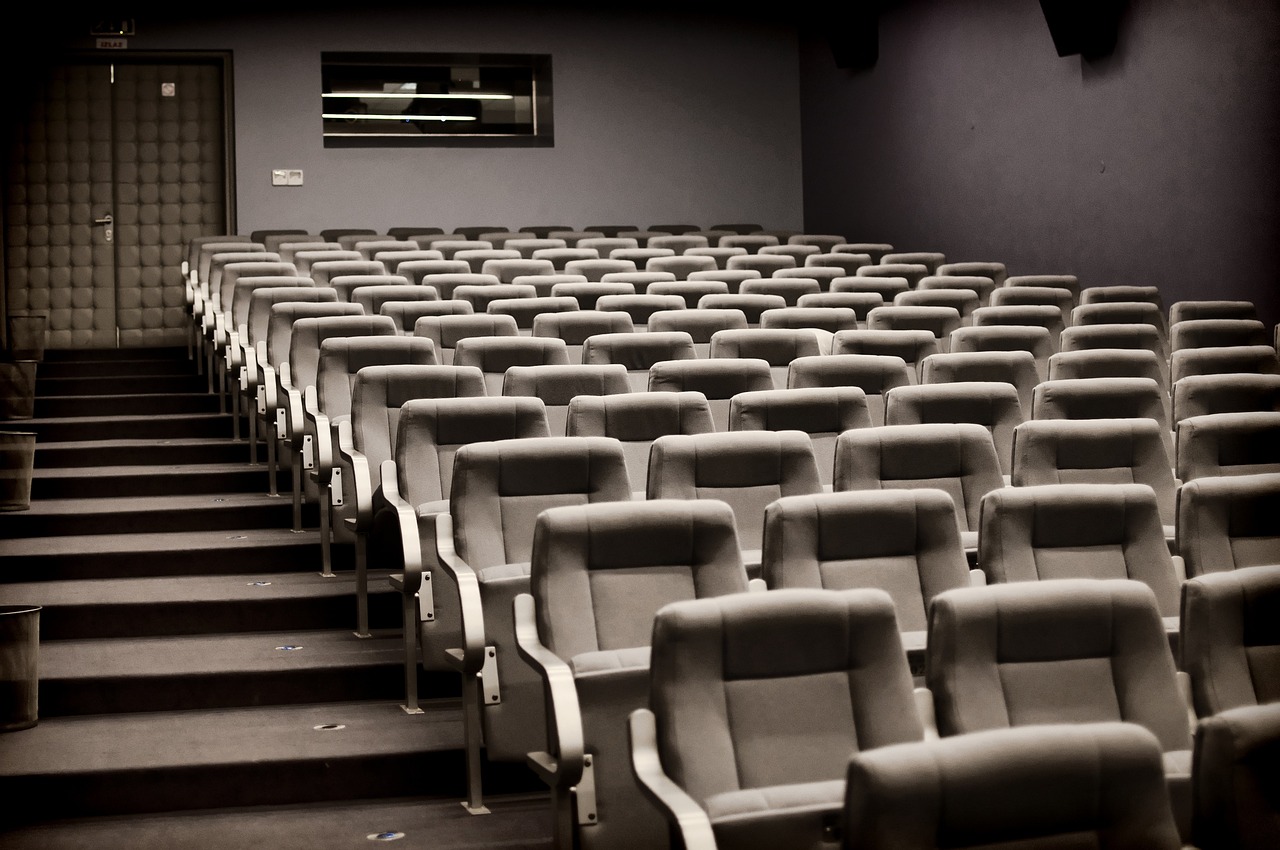 a black and white photo of a movie theater, a picture, pexels, modernism, photo of a classroom, cinematic dull colours, transparent background, in 2 0 1 2