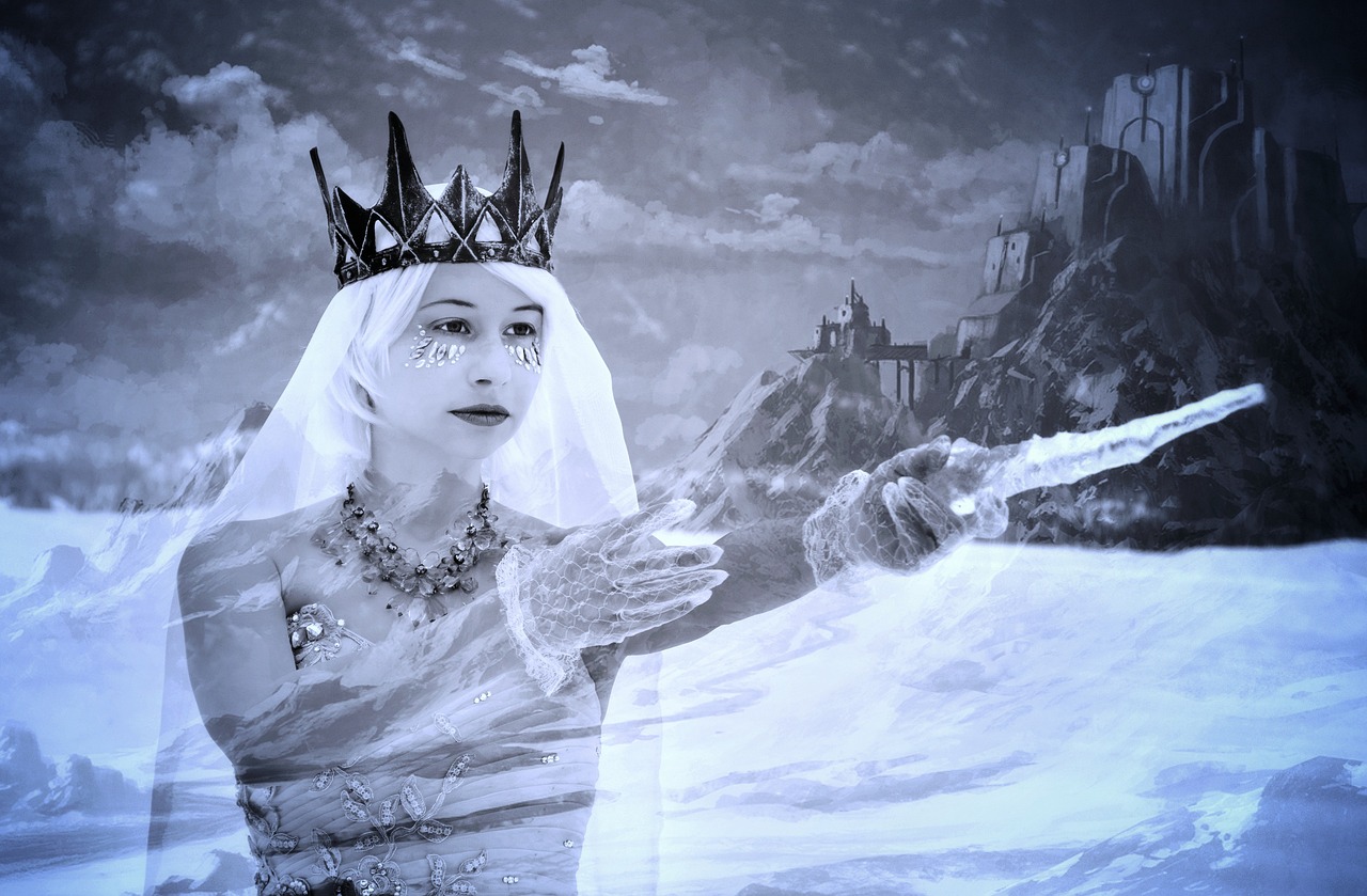 a black and white photo of a woman with a crown on her head, a matte painting, fantasy art, frozen tear, fantasy graphic novel style, wearing a dress made of water, museum quality photo