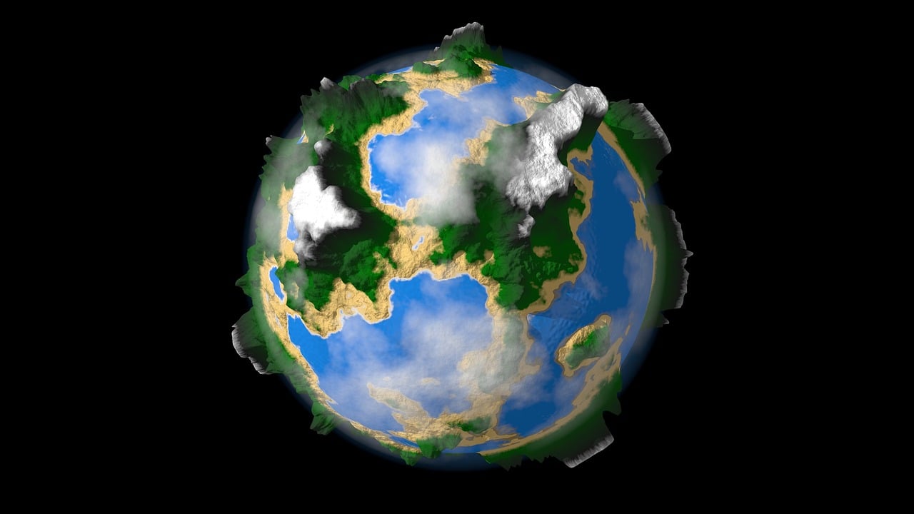 a picture of the earth on a black background, a raytraced image, inspired by Johfra Bosschart, earth type pokemon, ps1 game landscape, clouds around, turnaround world building