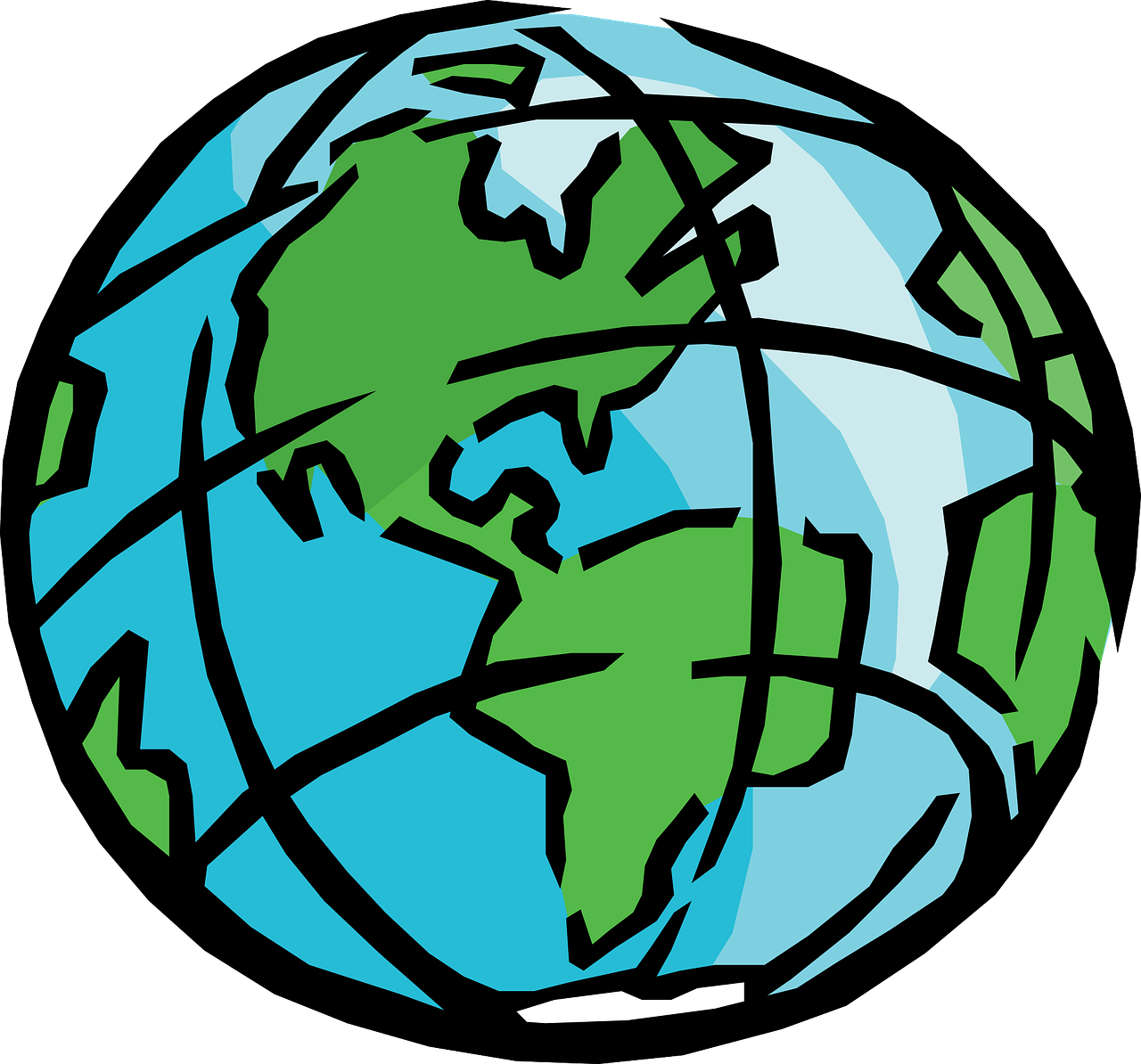 a drawing of a globe on a black background, cartoonish graphic style, full color illustration, clipart, black blue green