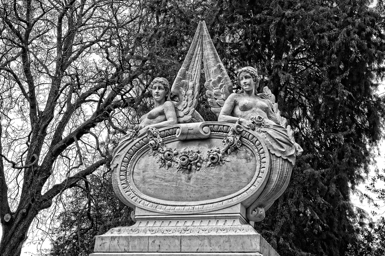 a black and white photo of a statue in a park, a statue, pixabay, art nouveau, 2 angels, marble!! (eos 5ds r, cartouche, holiday season