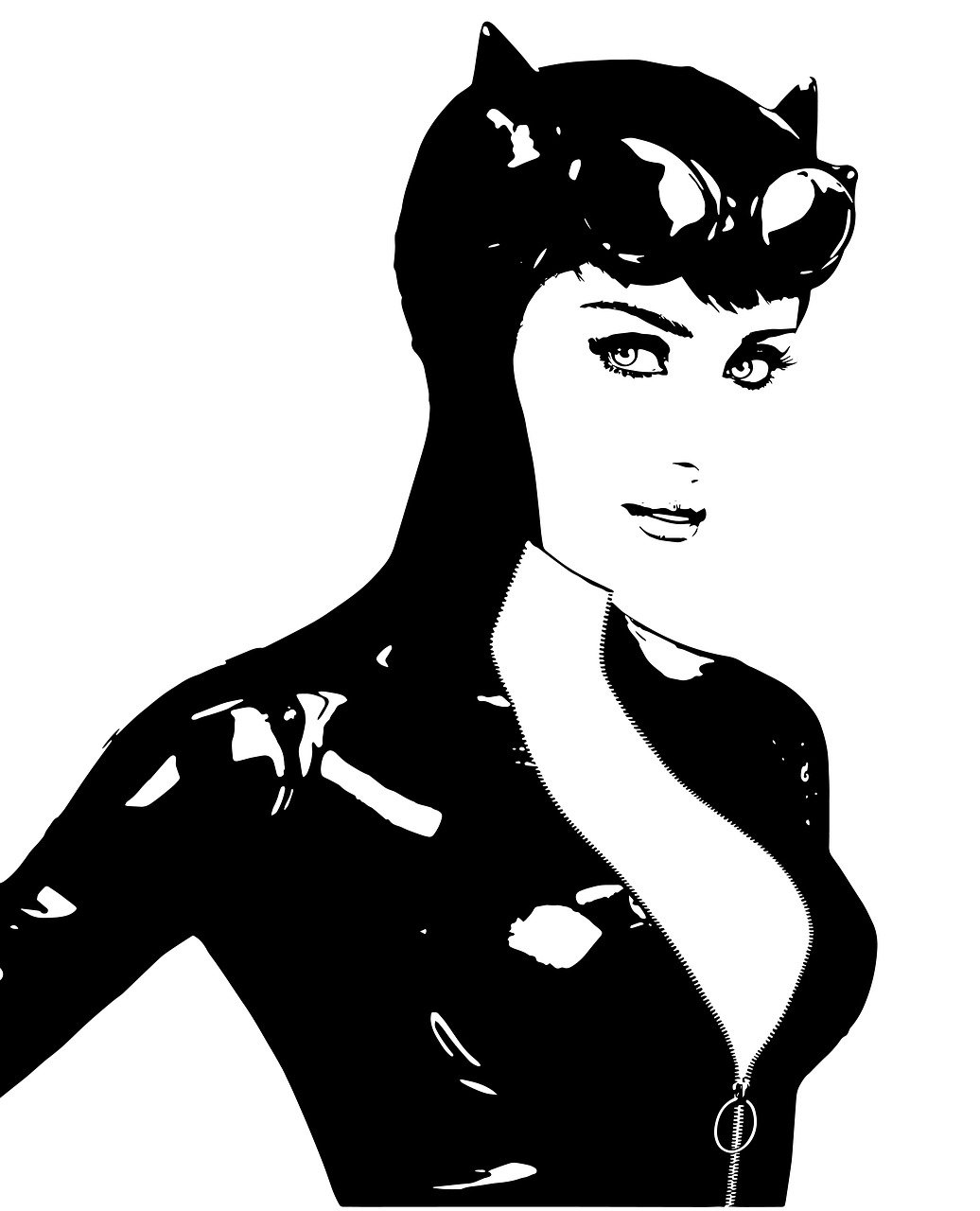 a black and white drawing of a woman in a cat suit, vector art, by Hugh Hughes, pop art, from movie batman, wearing black latex outfit, she is looking at us, d render