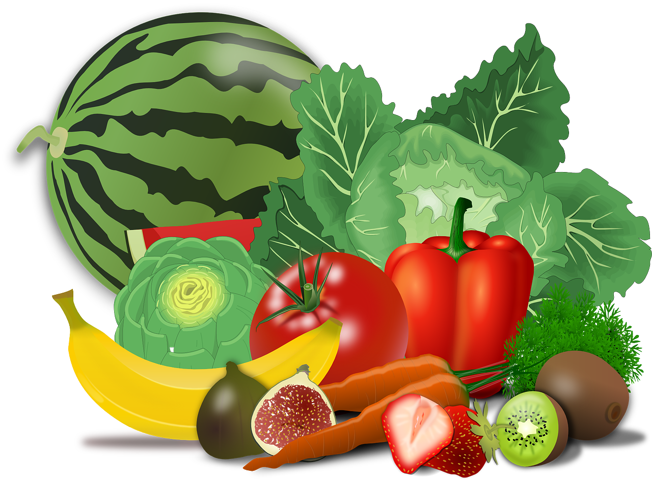 a variety of fruits and vegetables on a white background, a digital rendering, by Kiyoshi Yamashita, pixabay, renaissance, cel shaded vector art, flat - color, watermelon, black main color