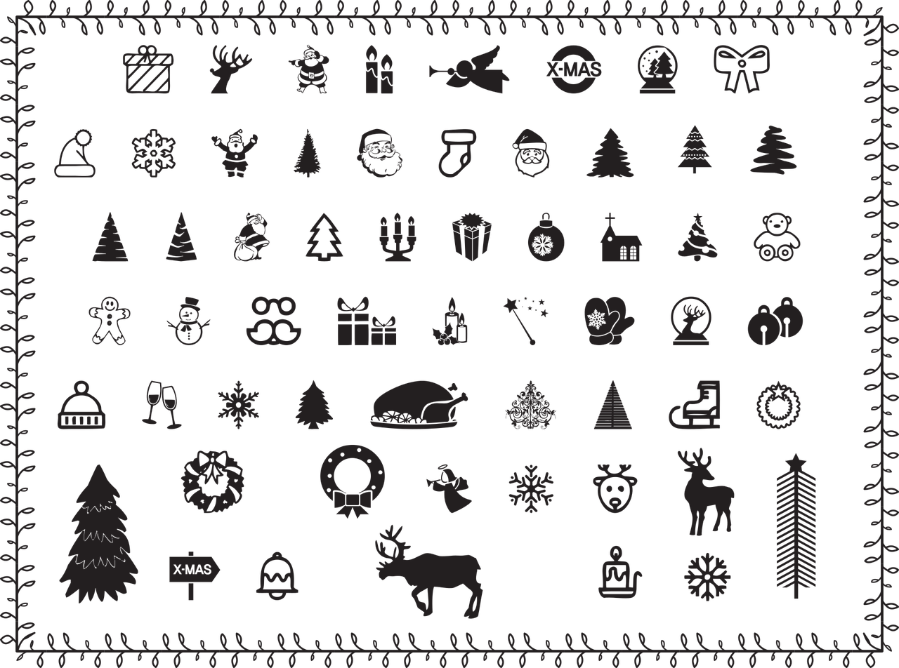 a black and white picture of christmas icons, by Joe Machine, ascii art, tileset asset store, black silhouette, dark grey background, tileable