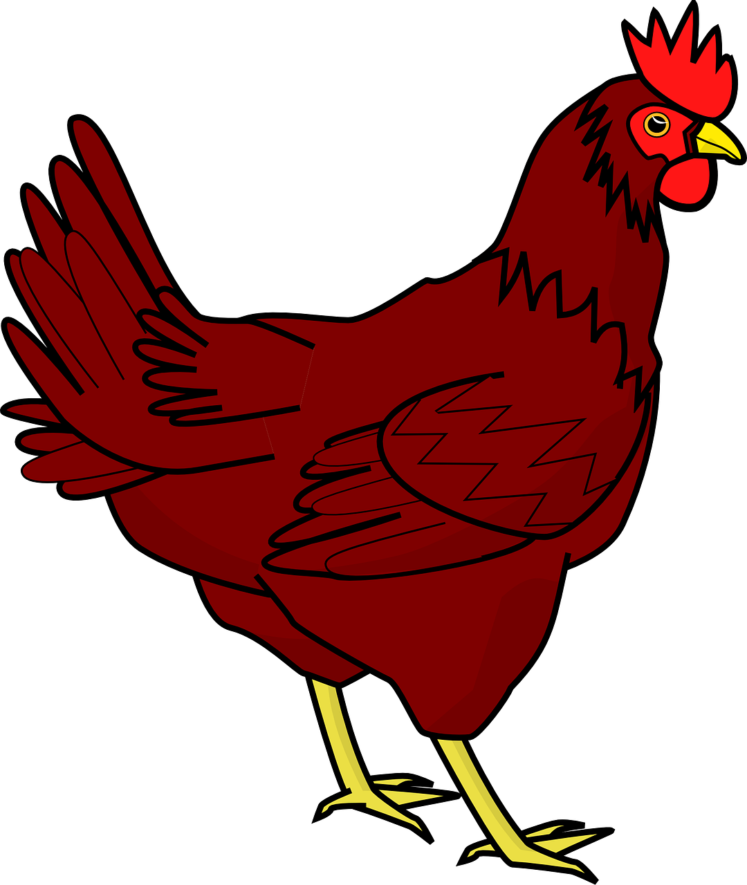 a red chicken on a black background, an illustration of, by David Budd, pixabay, red colored, 1 9 year old, maroon, cell shaded cartoon