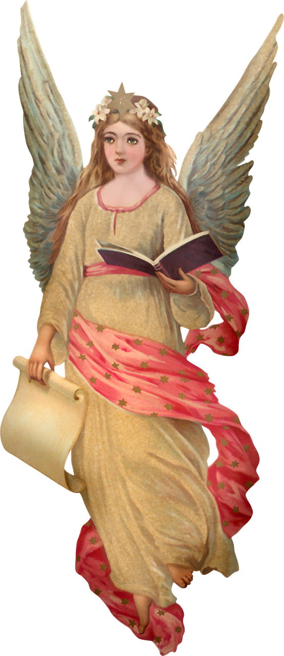 a statue of an angel reading a book, an illustration of, by Evelyn De Morgan, shutterstock, renaissance, full body; front view, avatar image, star, andrey remnev