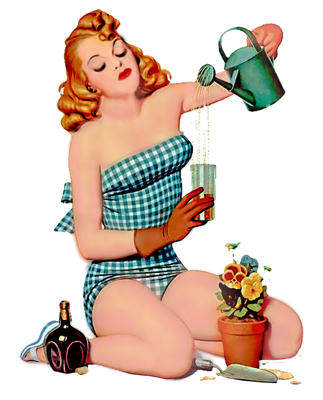 a woman sitting on the ground next to a potted plant, digital art, by Gil Elvgren, pop art, watering can, upper body shot, ((oversaturated)), full body potrait holding bottle