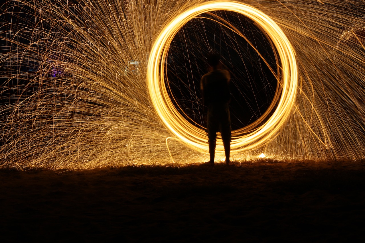 a person standing in front of a ring of fire, a picture, art photography, long exposure photo, night light, complex and intricate, straw