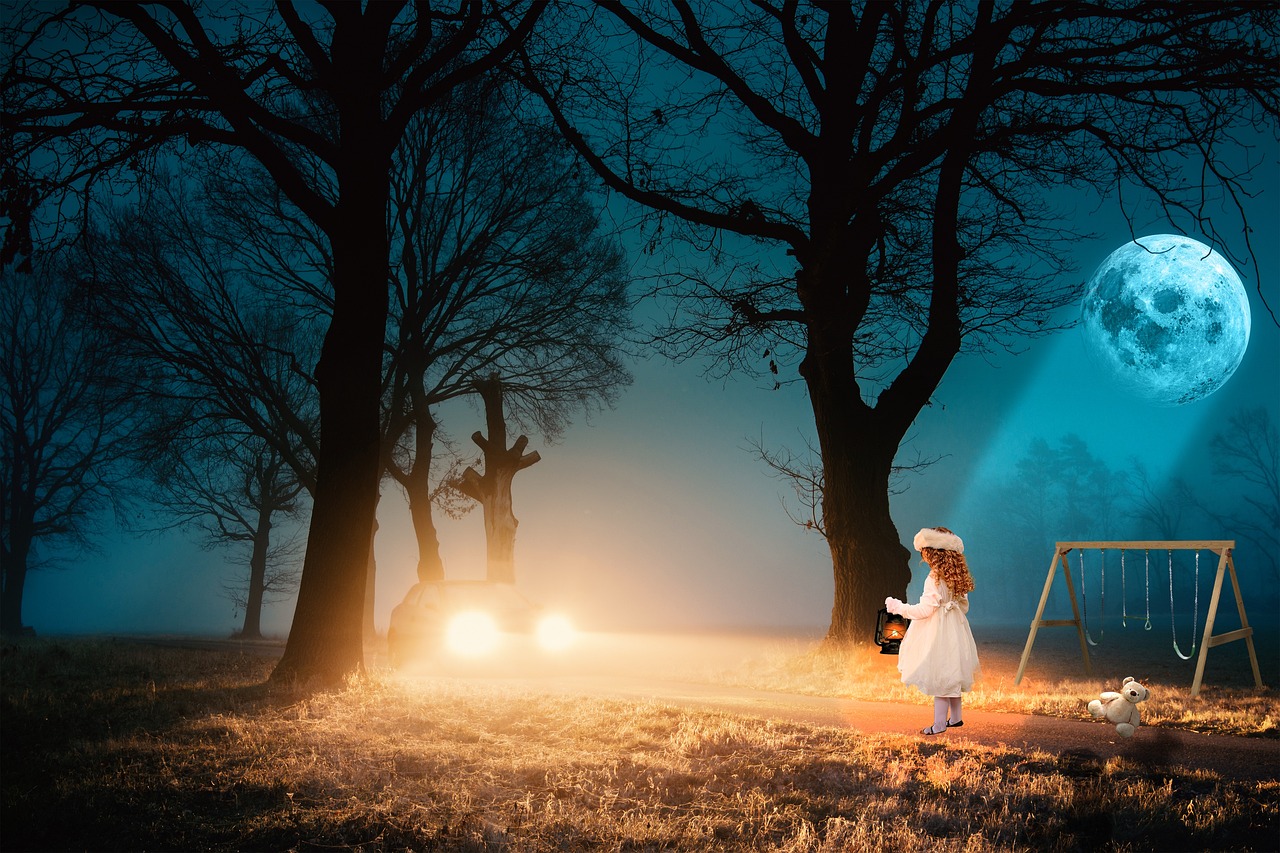 a little girl that is standing in the grass, inspired by Alexander Jansson, magical realism, car commercial photograph, in the forest at night, halloween atmosphere, wide shot photo