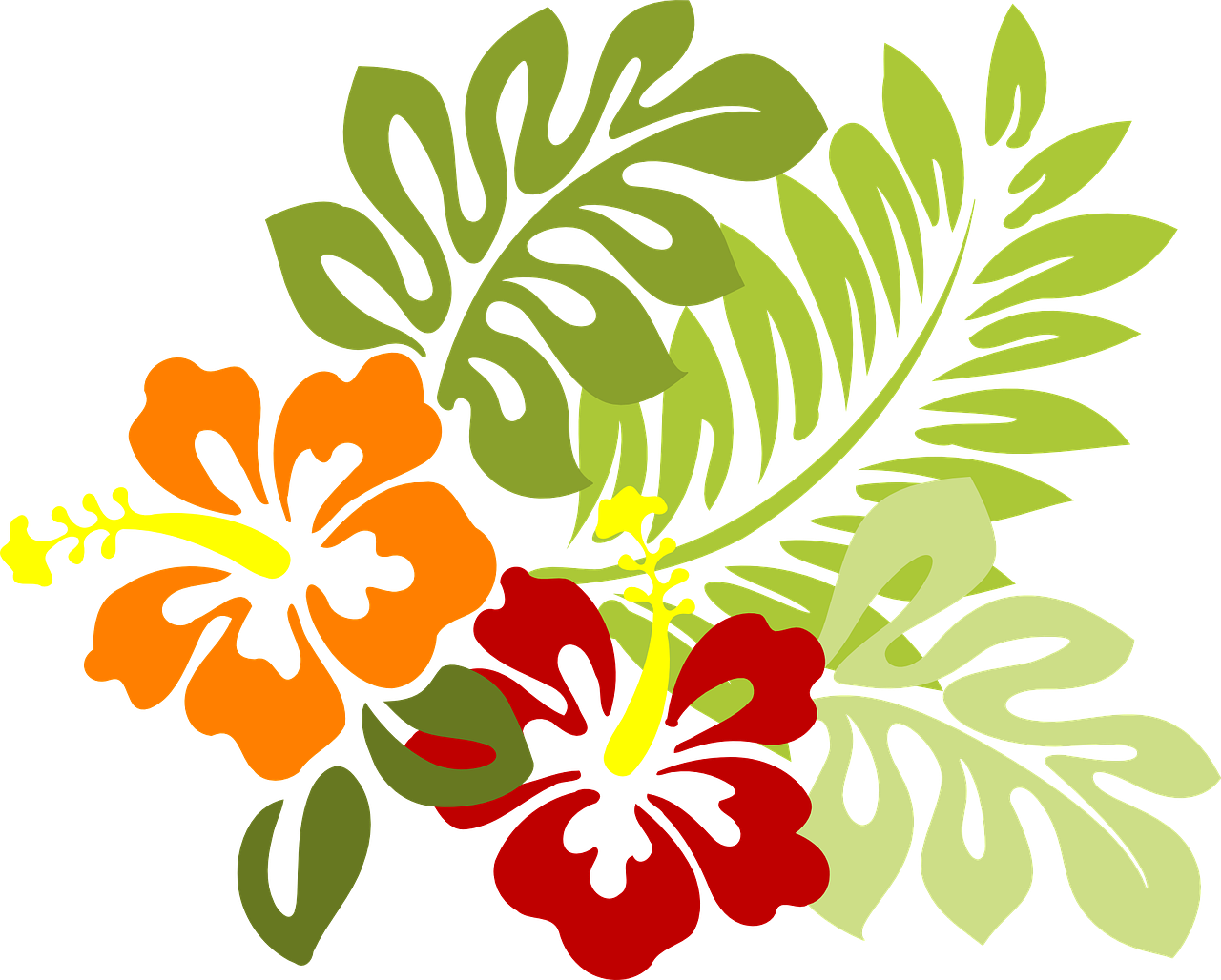 a bunch of tropical flowers on a black background, a screenshot, pixabay, art nouveau, leaf, hibiscus, ¯_(ツ)_/¯, avatar image