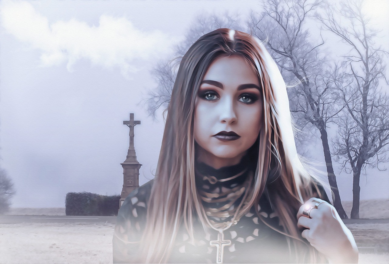 a woman with long hair standing in front of a cross, digital art, inspired by Mary Cameron, gothic art, graveyard background, portrait of ariana grande, edited in photoshop, video still