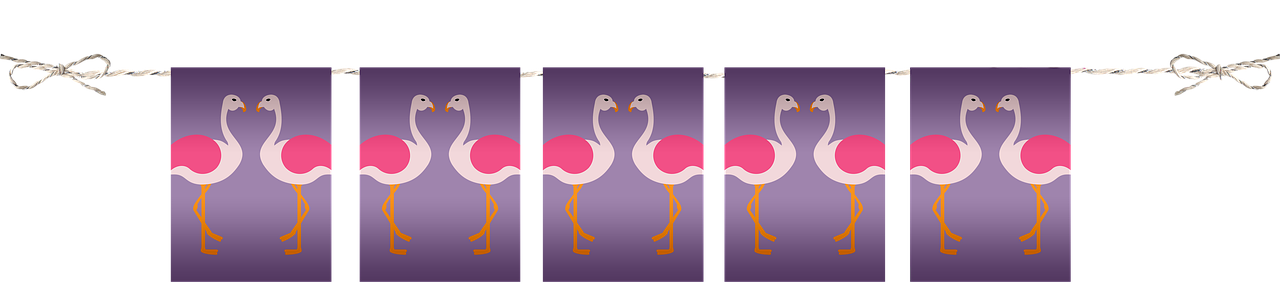 a group of pink flamingos standing next to each other, a screenshot, by Jeka Kemp, pop art, cloth banners, purple. smooth shank, clipart, triptych