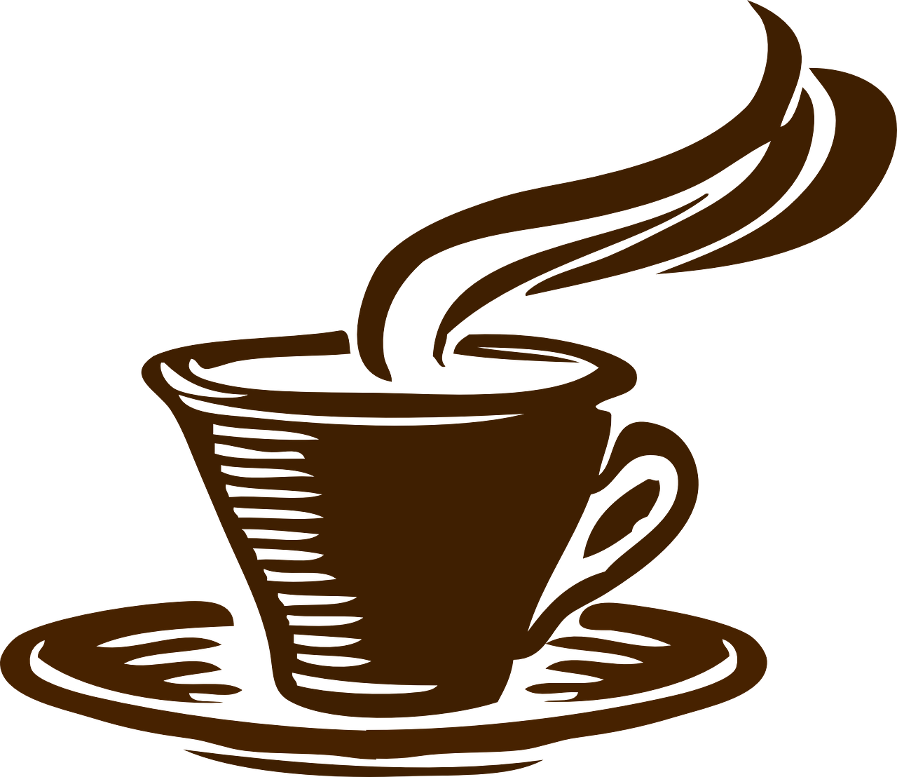 a cup of coffee on a saucer, a digital rendering, by Andrei Kolkoutine, pixabay, on a flat color black background, brown:-2, black outline, banner