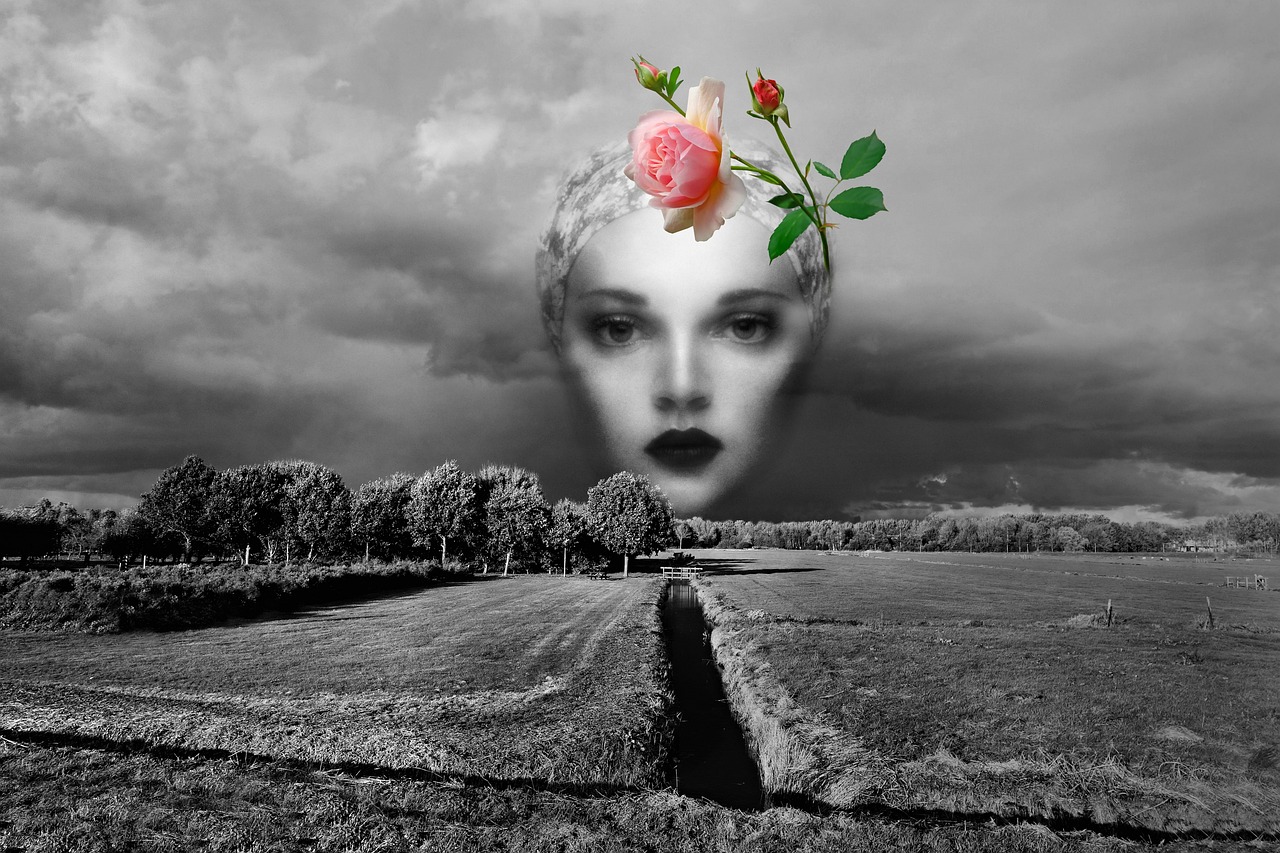 a black and white photo of a woman with a rose in her hair, digital art, surrealism, in a field with flowers, photoshop collage, dreaming face, in the countryside
