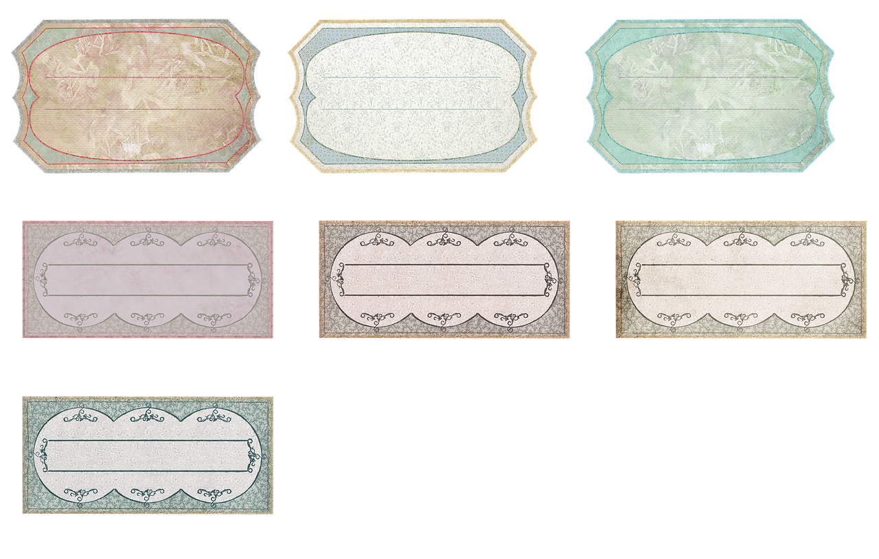 a set of four different colored labels on a black background, a pastel, by Lajos Vajda, tumblr, baroque, tileset asset store, banknote, 1 8 8 0 s, high quality screenshot